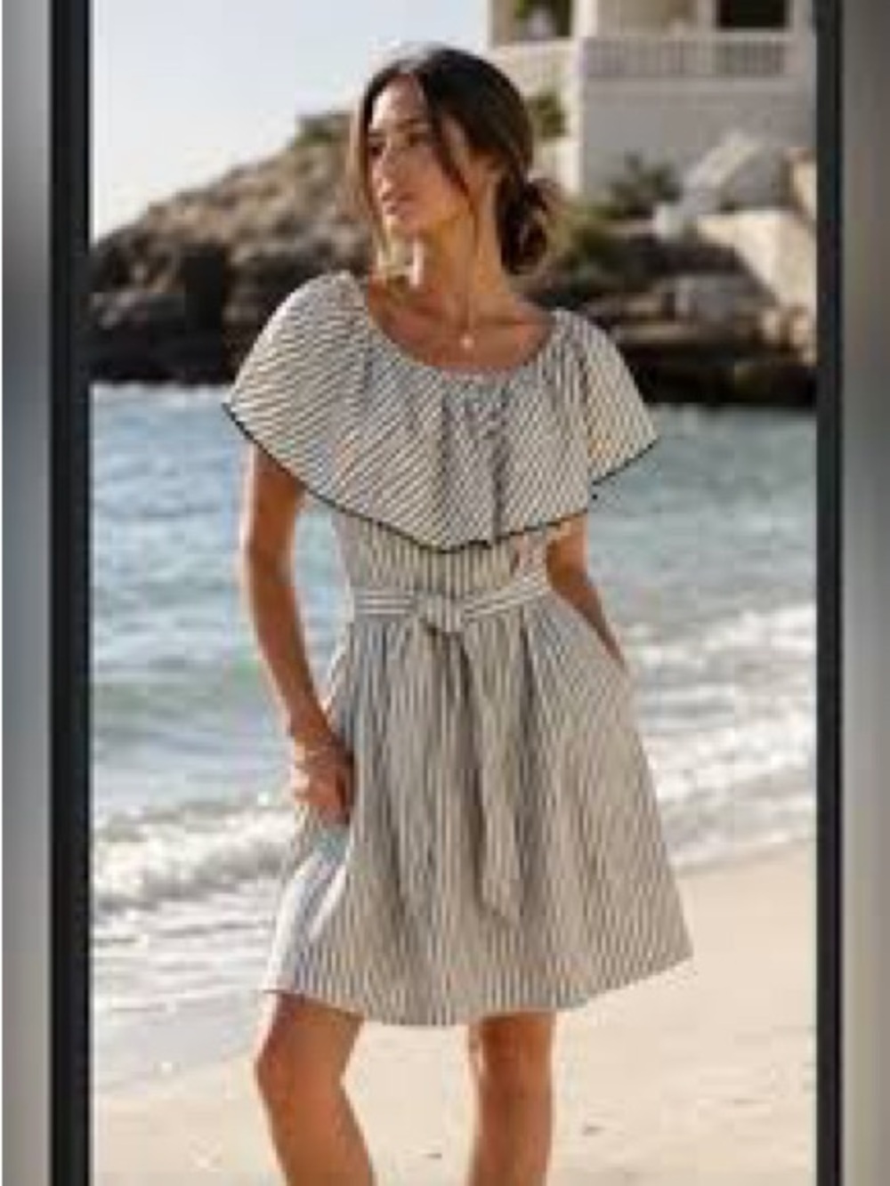 Trina Turk Out of Office Cream and Black Striped Off-Shoulder Linen Mini Dress